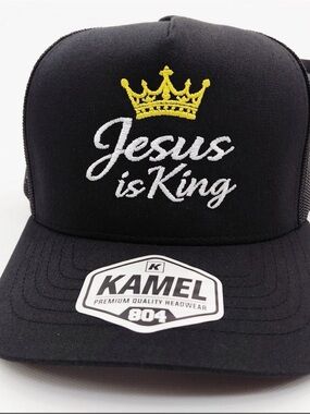 Jesus Is King Black Kamel Curved Bill Embroidered Christian Mens Trucker Hat